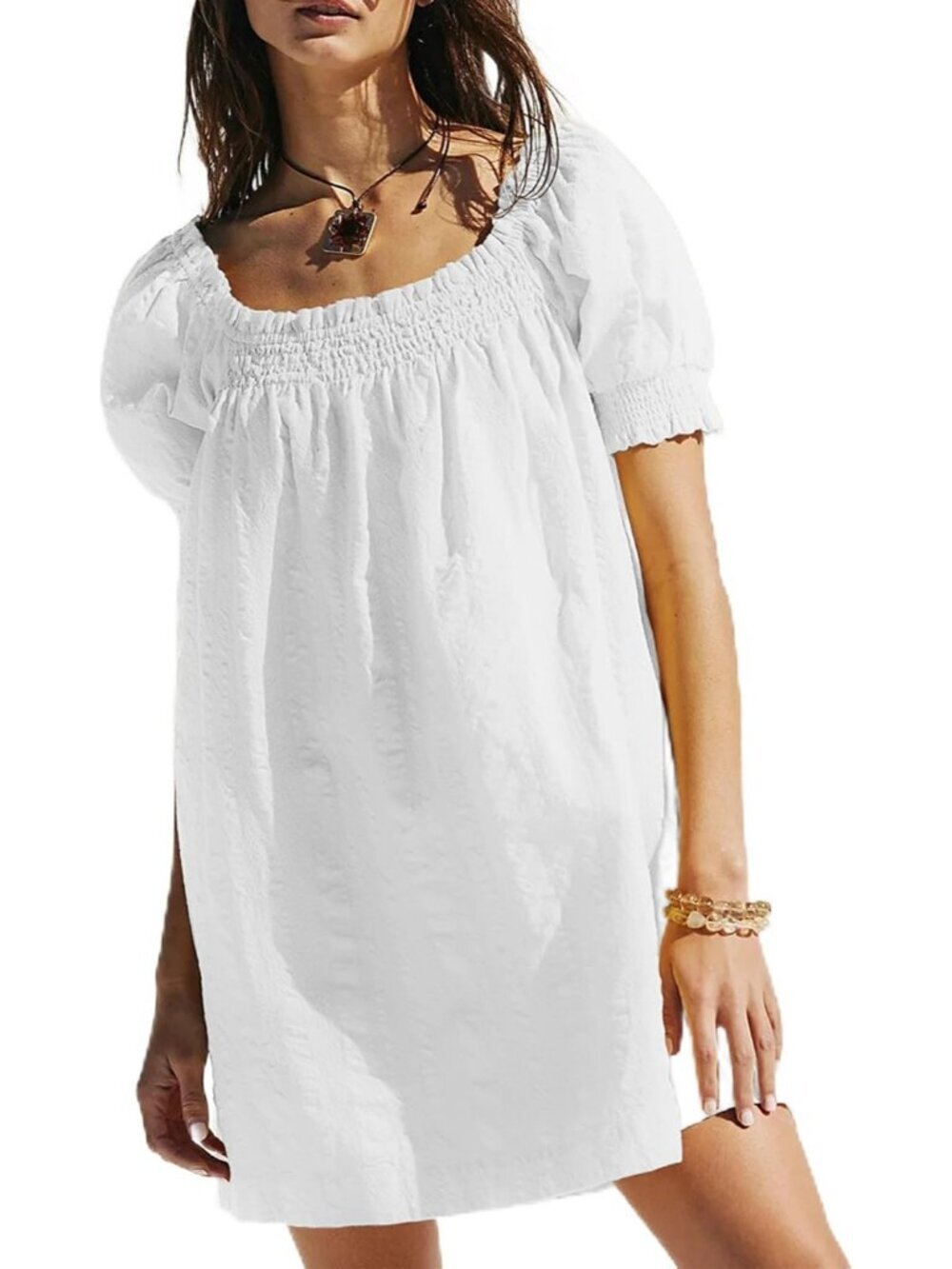 Women's White Square Neck Puff Sleeve Beach Sundress Casual Short Mini Dress